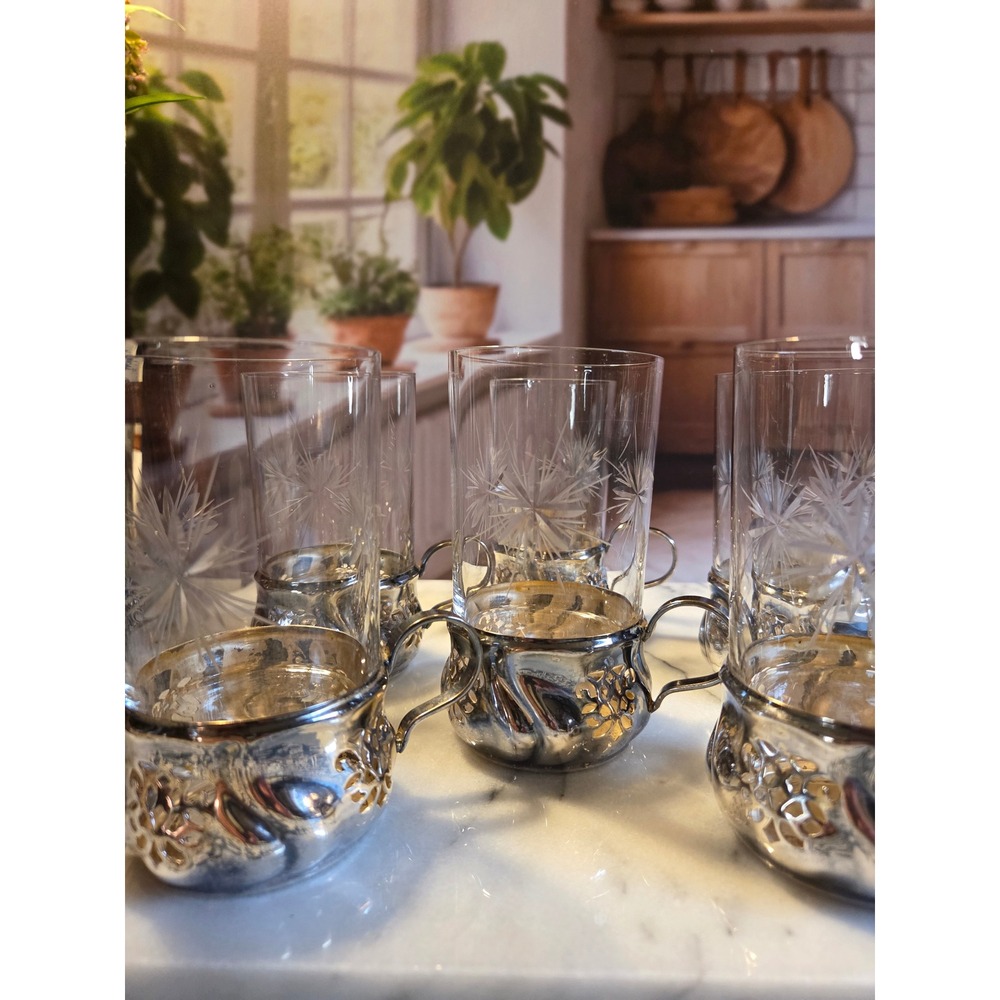 Antique Etched Starburst Crystal Glasses with Silver Schott Jenae glass holders